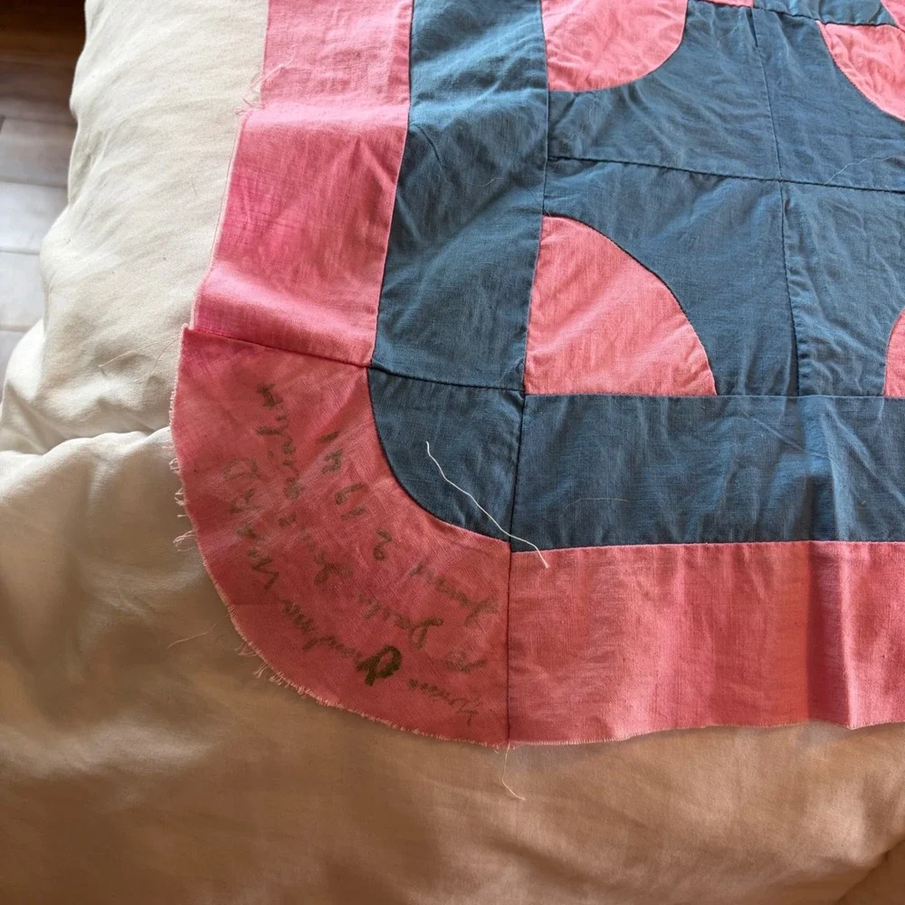 Vintage 1941 Dunkard's Path Pink Blue Handmade Quilt Top 72x80 farmhouse cottage